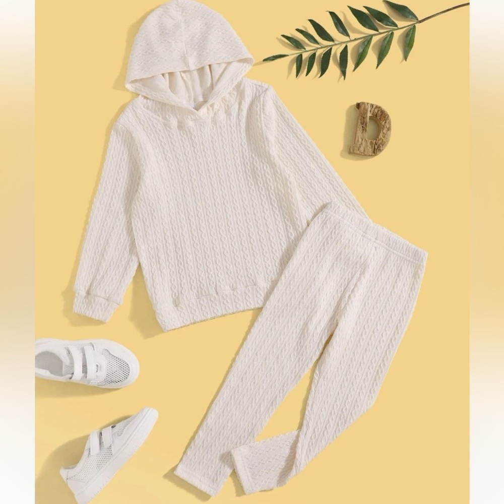 Toddler girls cable knit hoodie & leggings Shein off white set 100 3-4Y